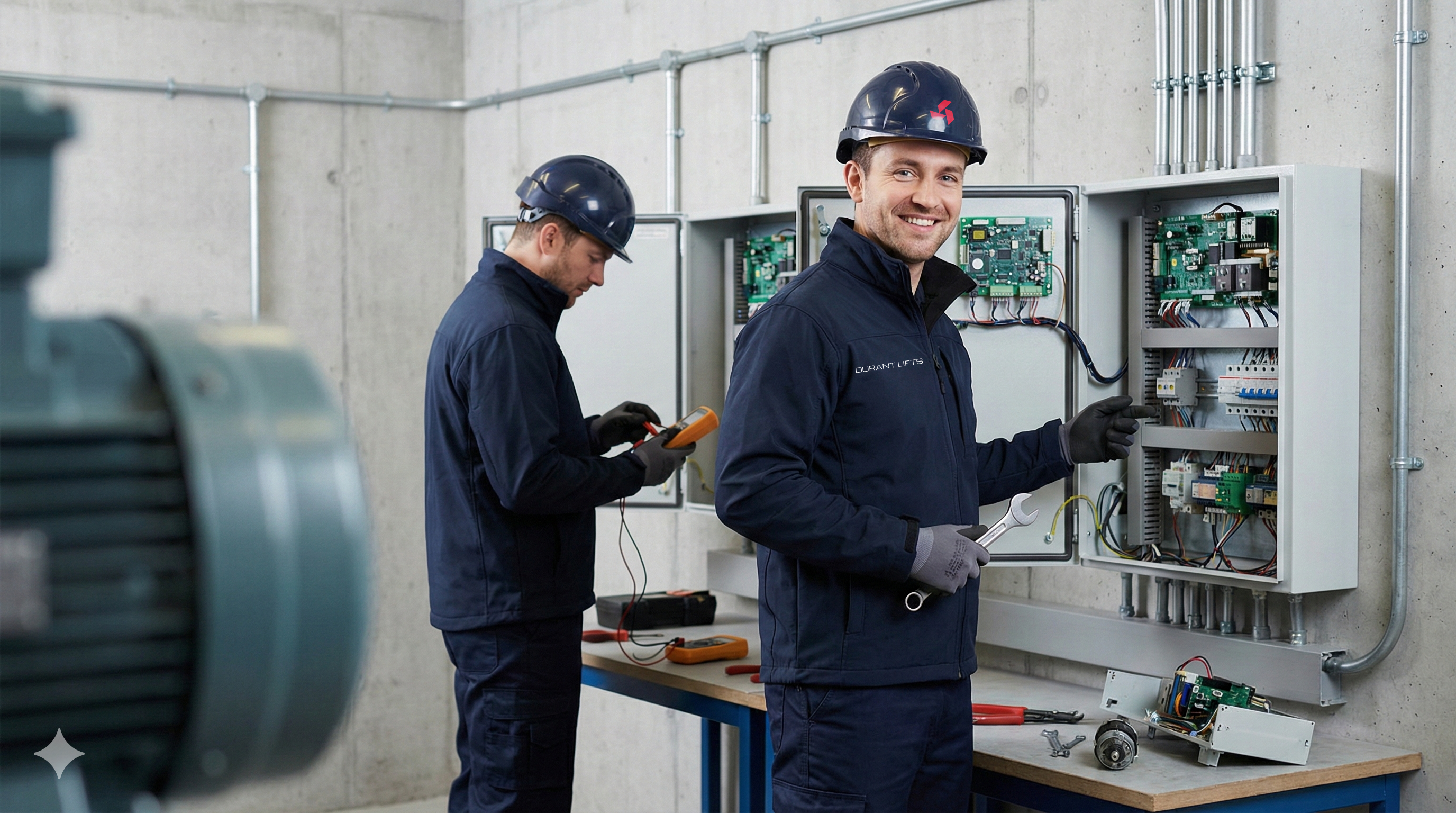 Lift engineers attending a repair