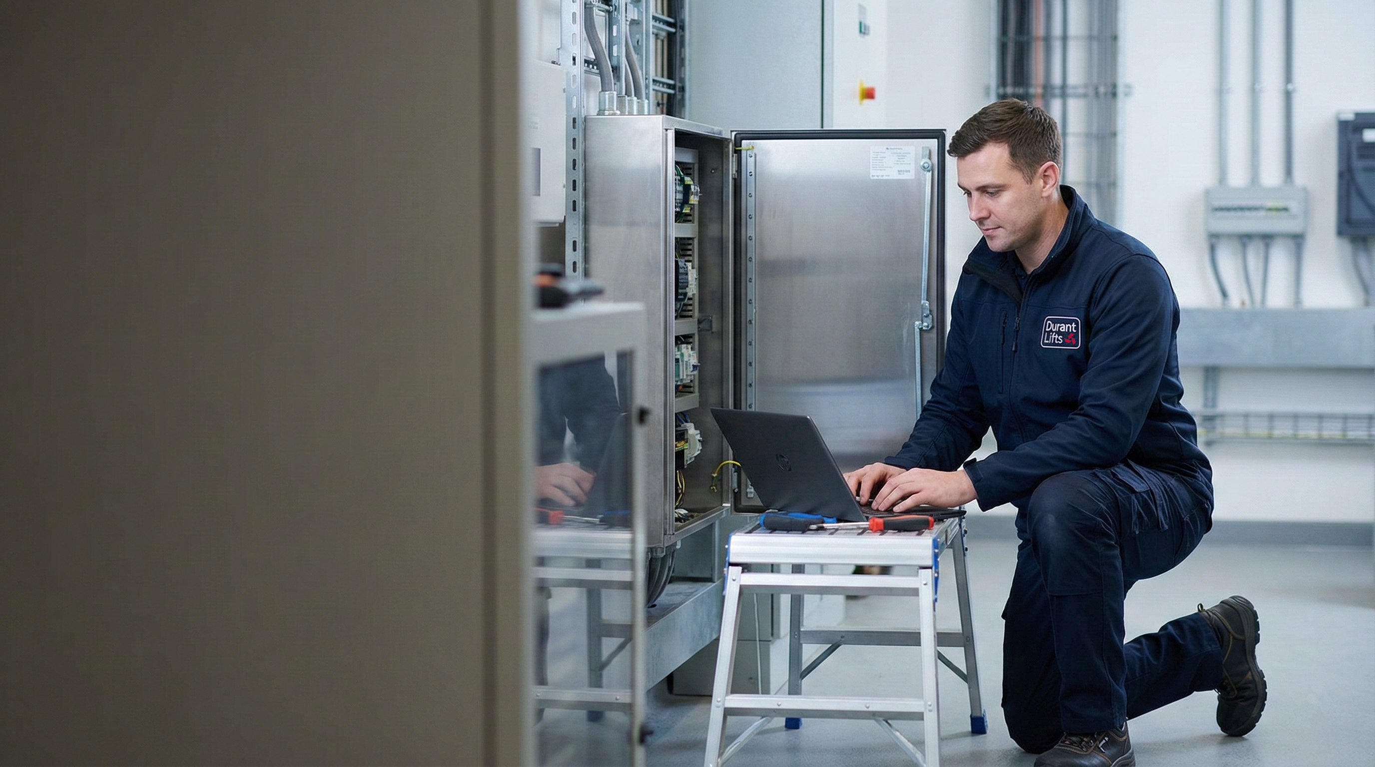 Lift engineer reviewing safety documentation